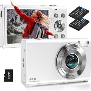Digital Camera, Autofocus UHD 4K Vlogging Camera with 32GB Card, 48MP 16X Digital Zoom Digital Camera, Anti-Shake Portable YouTube Compact Point Shoot Camera for Teens Adult Beginner(White)