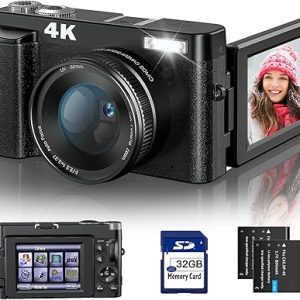 4K Digital Camera for Photography and Video Autofocus Anti-Shake, 48MP Vlogging Camera with SD Card, 3'' 180° Flip Screen Compact Camera with Flash, 16X Digital Zoom Travel Camera (2 Batteries